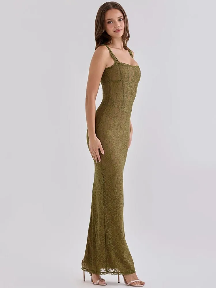 Mozision Women Elegant Lace Sexy Maxi Dress Sleeveless Spaghetti Strap Bodycon Dress Party Evening Cocktail Mermaid Dresses — image 2