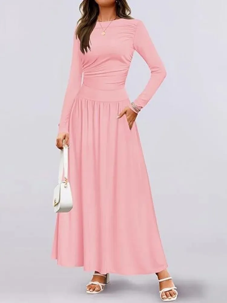 Musim luruh Ketibaan Baru Wanita Lengan Panjang Maxi Dress Selesa Fit Ruched Detail Pelbagai Warna untuk Pakaian Kasual Setiap Hari — image 4