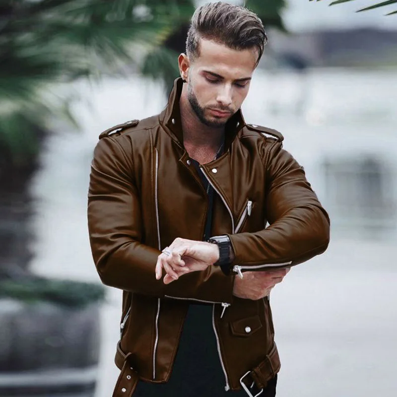 Fashion Leather Jackets Men Casual Slim Fit Turn Down Collar Male Jacket Men PU Leather Coat Men Autumn Winter Motorcycle Jacket — image 1