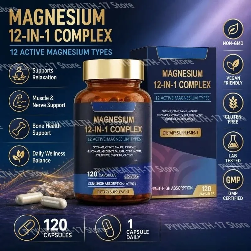 Magnesium 12-In-1 Complex Capsules 12 Active Magnesium Types High Absorption Glycinate Citrate Forms 120 Capsules — image 1