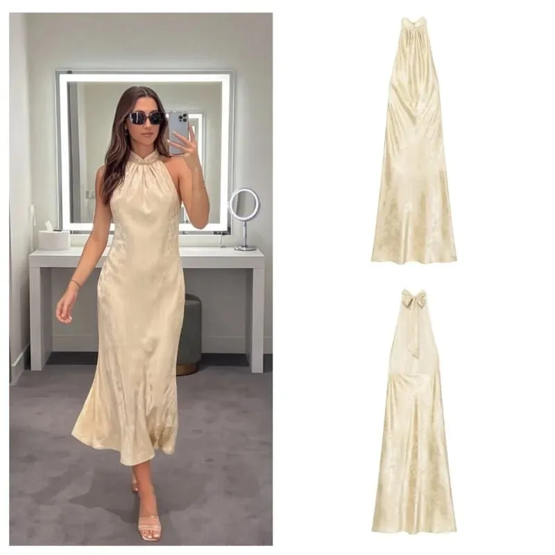 2026Minimalist Style Summer Women S Backless Flower Jacquard Hanging Neck MIDI Dress Bare Shoulders Fashion Elegant Long Dresses — image 3