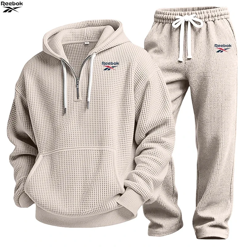 2026 Reebok Brand Spring-Autumn Men's Hooded Sweatshirt Set - Retro Solid Color Loose Fit Street Style Half-Zip Hooded Shirt - C