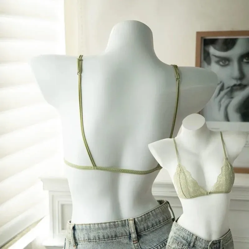 Reggiseno a triangolo sottile in pizzo sexy stile francese con bottone frontale Intimo senza fili da donna senza anello in acciaio Bellissimo reggiseno sulla schiena