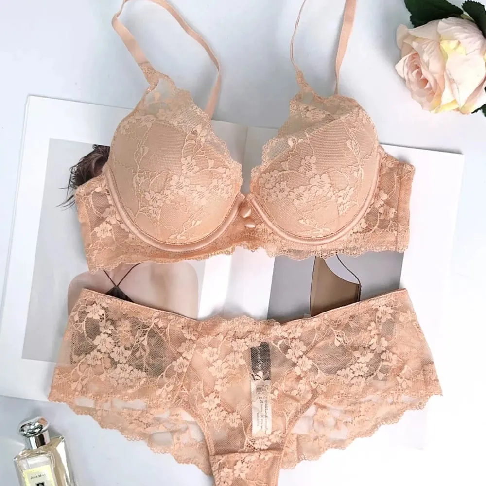 Women Honey Bloom Floral Lace Lingerie Set Underwire Deep V Bra & Panty 2‑Pcs Delicate Front Button Intimate Underwear