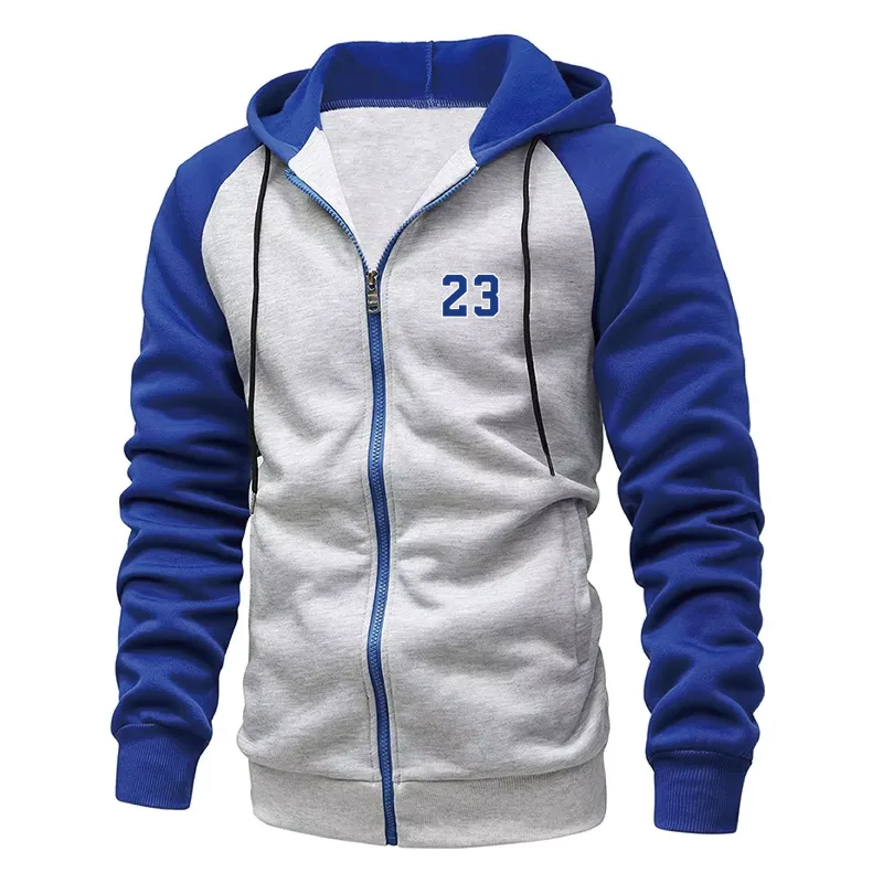 Lelaki Hoodies Bercetak Nombor 23 Baju Sweatshirt Lengan Panjang untuk Lelaki Bertudung Zip Lelaki Baju Sweater menyekat warna fesyen — image 2