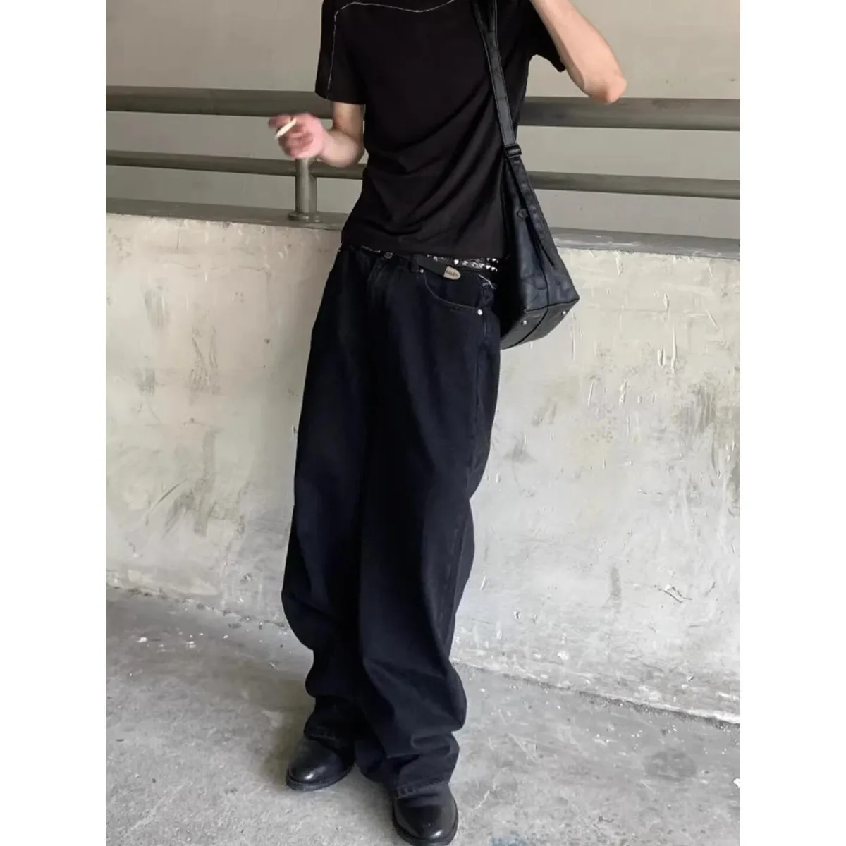 Retro American Style Embroidered Black Original Jeans Men's Loose Straight Leg Jeans Youth Fashion Cotton Polyester Blend — image 3