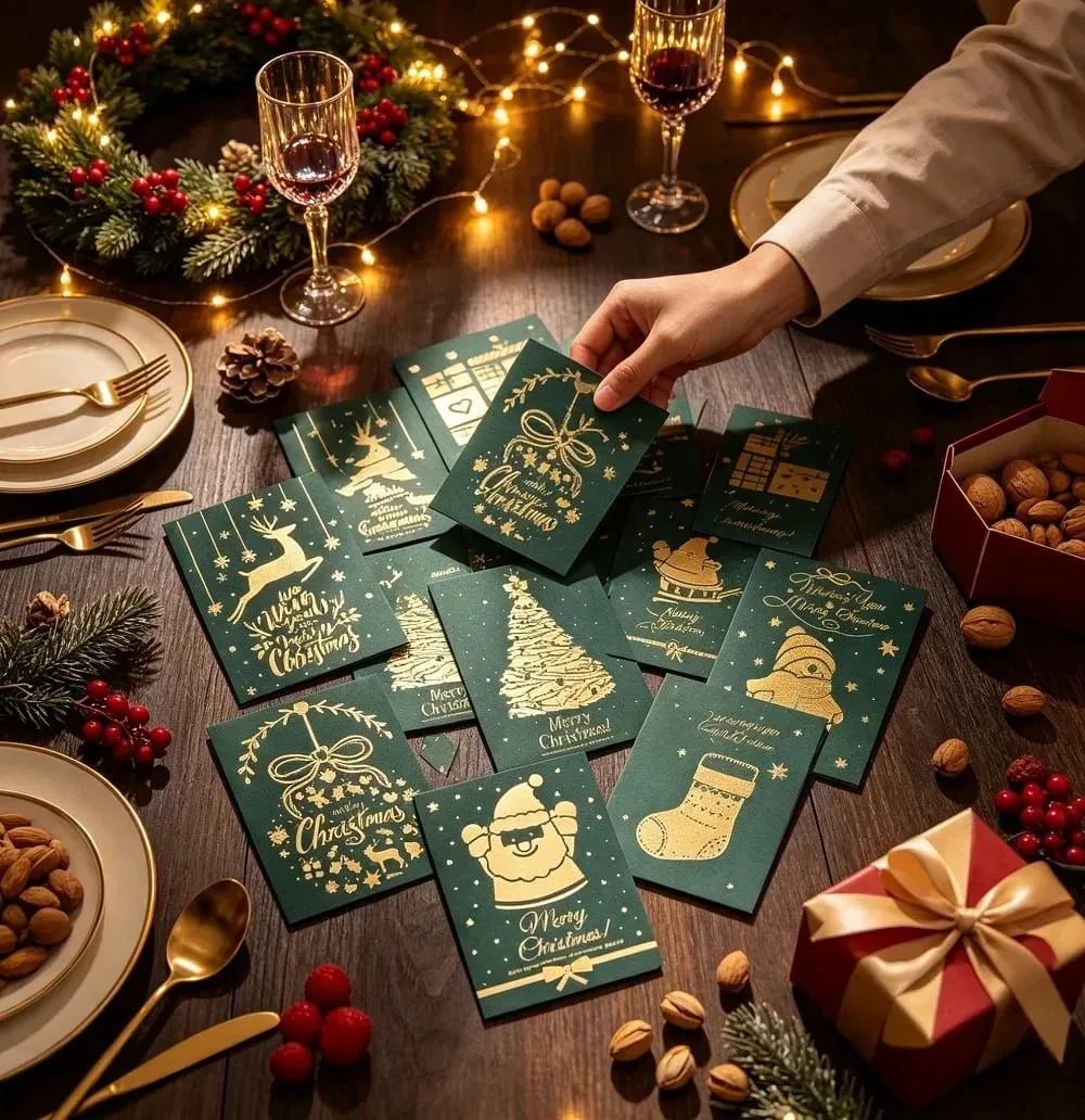 10Pcs Vintage Gold Foil Christmas Folding Greeting Cards Multi Pattern Blessing Holiday Cards New Year Postcard Gift Cards — image 2