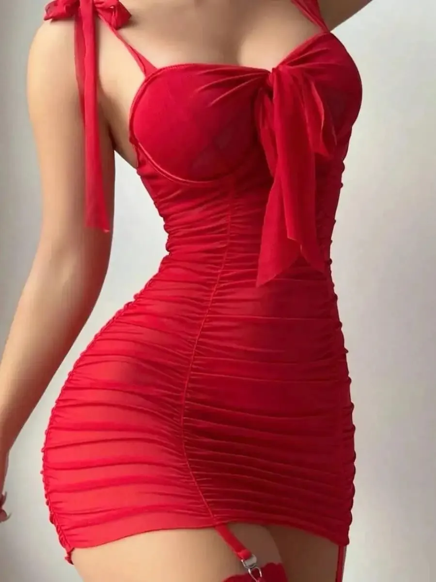 Sexy Bowknot Solid Color Dress Pambabae Thigh Black Silk Wrap Hip Para sa Babae Backless Deep V Suspender Walang manggas na Mini Dress BAUF — image 6