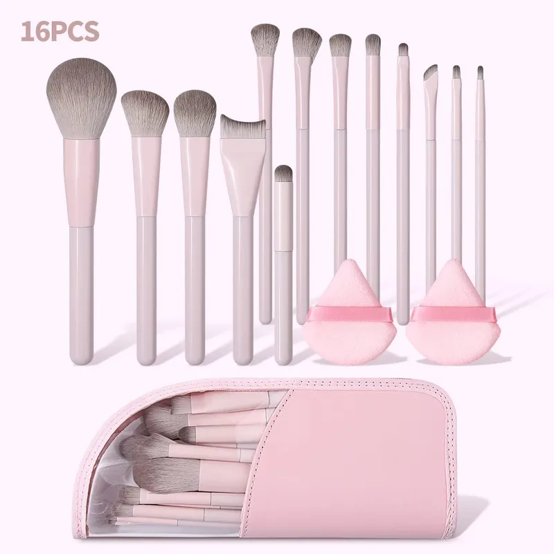 Set 16Pcs Berus Mekap Dengan Serbuk Serbuk Segi Tiga & Beg Penyimpanan Untuk Kit Solekan Muka Penuh Pembayang Mata Bedak Foundation