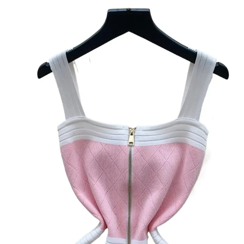 Nữ Khối Màu Không Tay Sundress Cổ Vuông Dây Kéo Phía Trước Co Giãn Gân Đan Bodycon Mini VÁY ĐẦM DỰ TIỆC — image 6