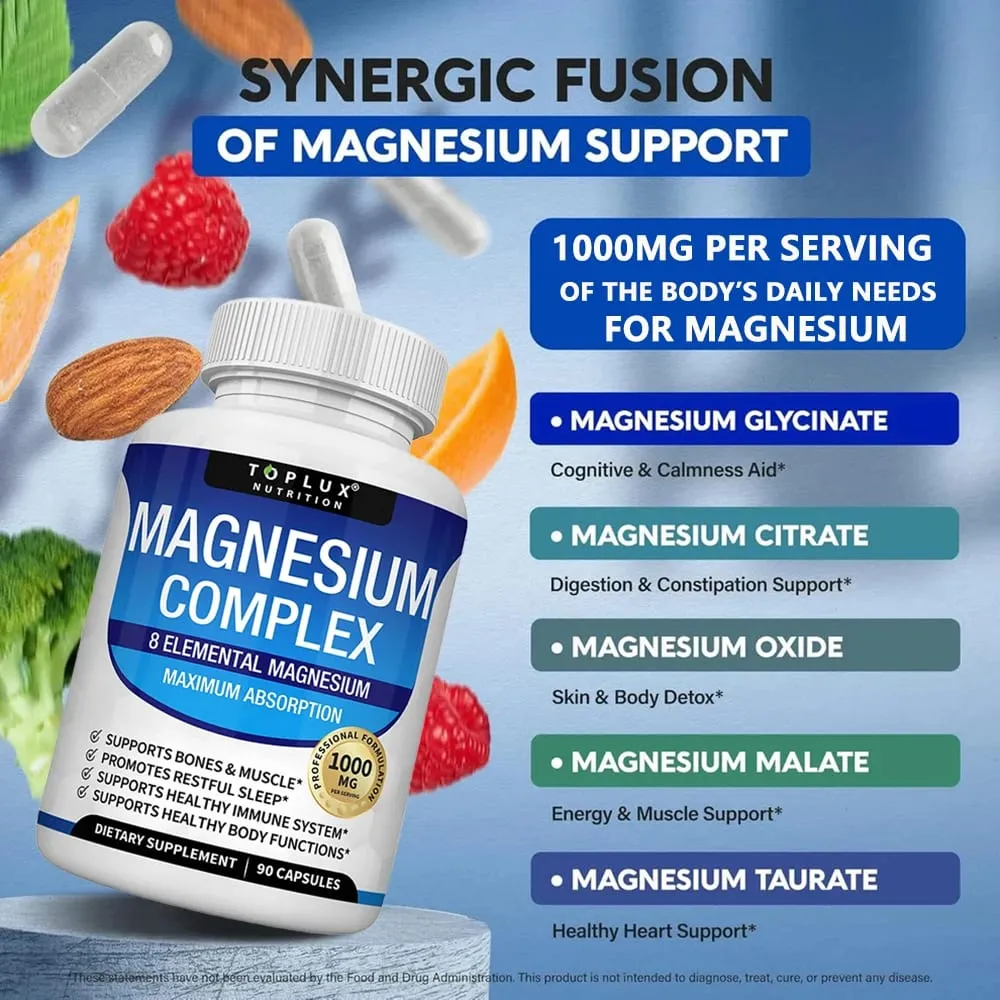 Complexe de magnésium 1000 mg 8 supplément de magnésium élémentaire avec glycinate citrate oxyde aspartate orotate malate taurate haute abs — image 3