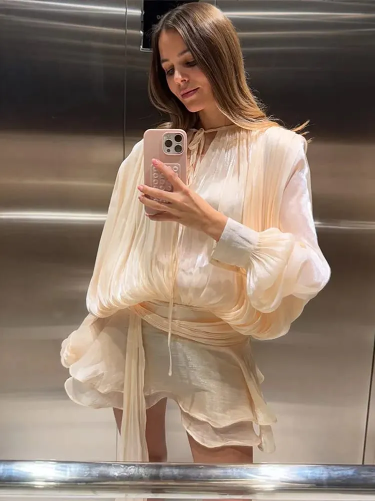Mini robe à lacets à volants brillants pour femmes, Chic, ample, ajourée, ligne a plissée, robes de soirée d'été, nouvelle collection 2026 — image 5