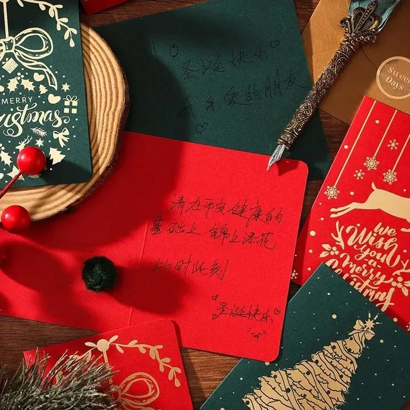 10Pcs Vintage Gold Foil Christmas Folding Greeting Cards Multi Pattern Blessing Holiday Cards New Year Postcard Gift Cards — image 4