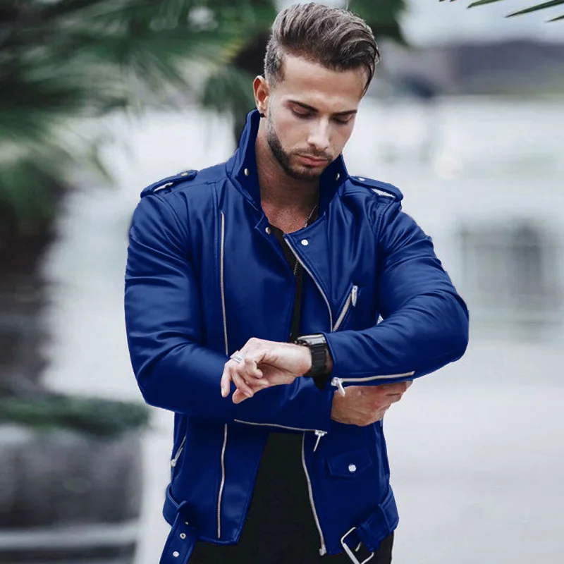 Fashion Leather Jackets Men Casual Slim Fit Turn Down Collar Male Jacket Men PU Leather Coat Men Autumn Winter Motorcycle Jacket — image 6