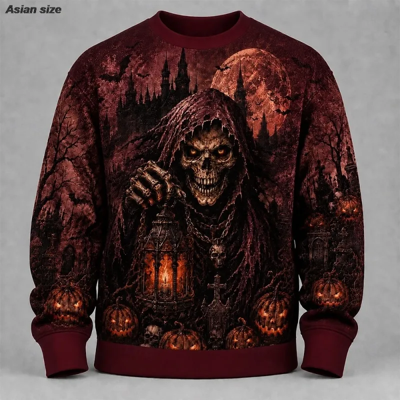 Fleece Sweatshirts Halloween Men's Skulls Sweatshirt Punk Party Gothic Crew Neck Vacation Blue Dark orange Brown Green — image 10