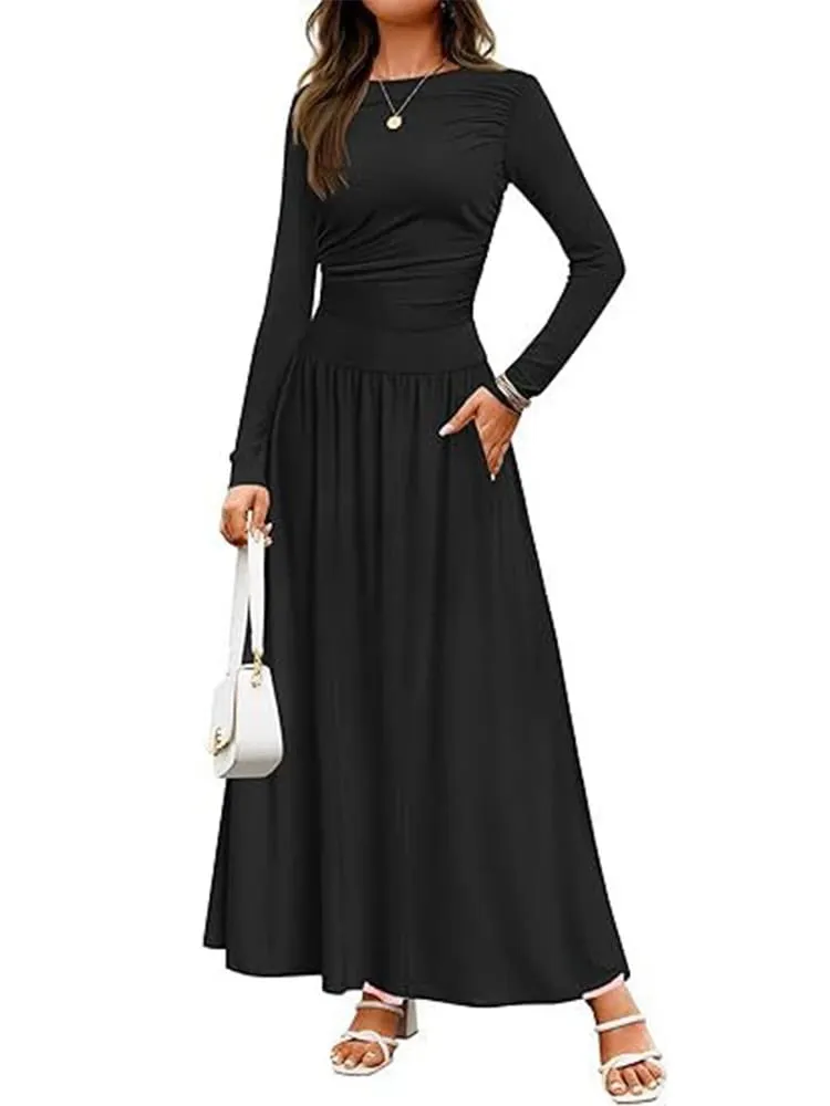 Musim luruh Ketibaan Baru Wanita Lengan Panjang Maxi Dress Selesa Fit Ruched Detail Pelbagai Warna untuk Pakaian Kasual Setiap Hari — image 7