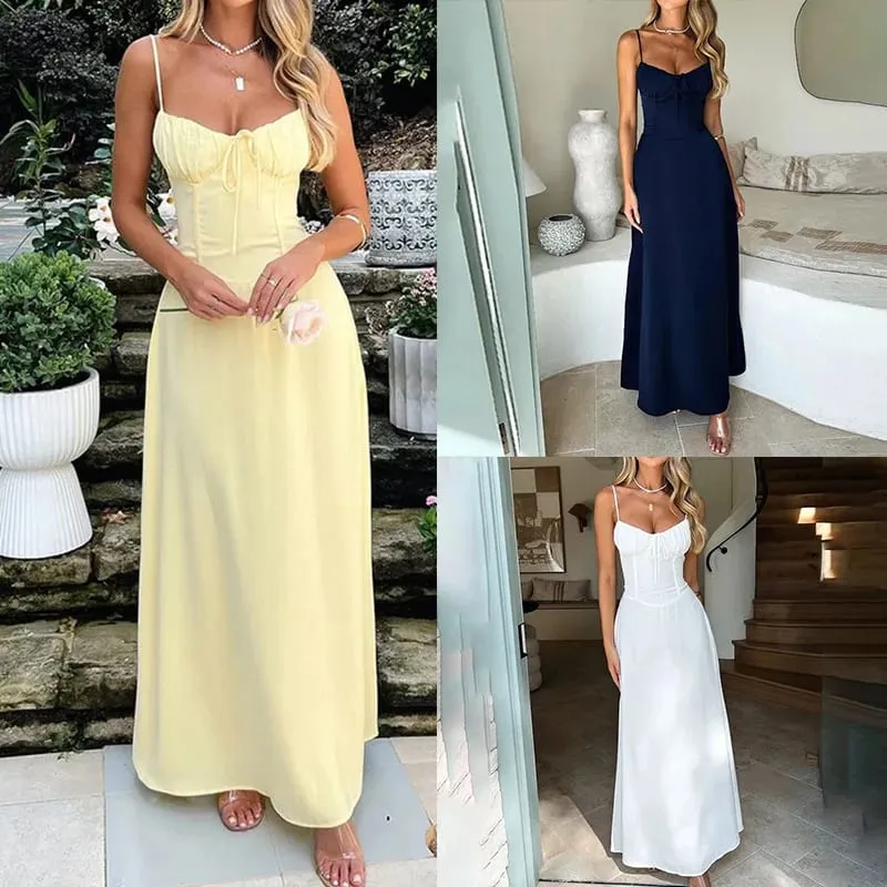Nové dámské elegantní jednobarevné midi šaty s kravatou vpředu a stylové večerní šaty ideální na večírky a letní oblečení — image 1