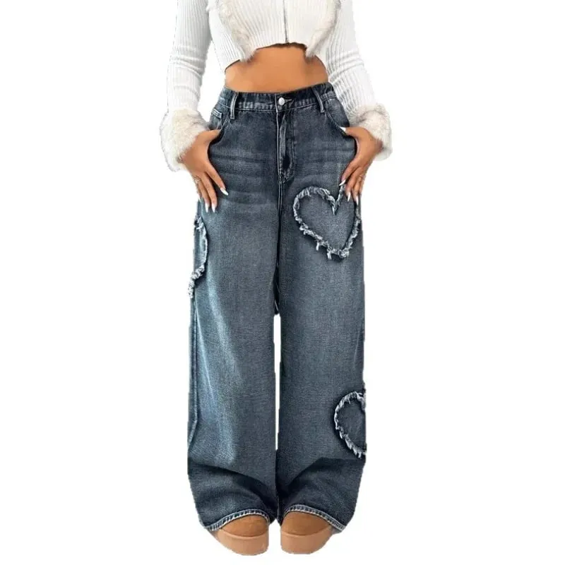 American Retro Frayed Edge Patchwork Heavy Washed Denim Jeans Unisex Street Loose Straight Wide-Leg Trousers 21095 — image 6