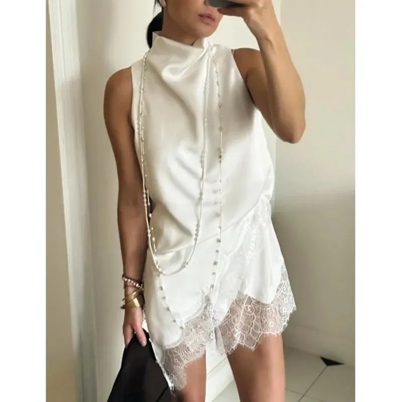 Women's Satin High Neck Lace Trim Sleeveless Tanks Summer Fashion Casual Irregular Silhouette Delicate Solid Color Tops — image 6