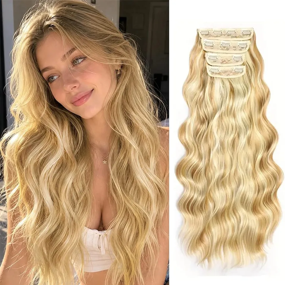 4 PCS Water Wave Clip In Hair Extensions Ombre Blonde Synthetic Natural Hairpieces For Women Lightweight All Day Wear — image 2