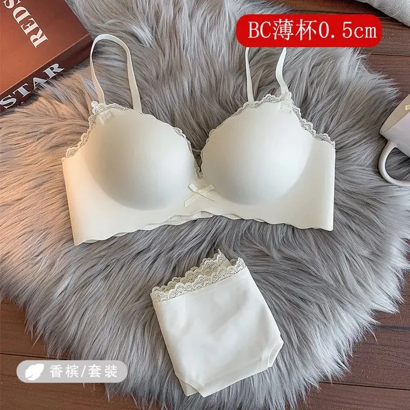 セクシーWomen Wireless Seamless Bra Set One‑Piece Push‑Up Brassiere Small Bust Side Support Anti‑Sag Soft Ladies Intimates Lingerie