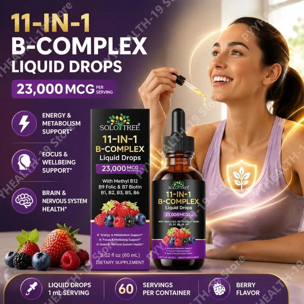 B-Complex Liquid Drops 11 em 1 Metil B12 Folato Biotina para foco energético e fórmula de suporte nervoso cerebral adulto 60ml — image 1