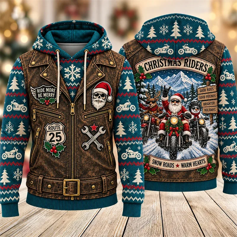 Christmas Biker Hoodie 3D Print Santa Reindeer Gingerbread Rider Faux Leather Vest Holiday Pullover Winter Streetwear Gift — image 9