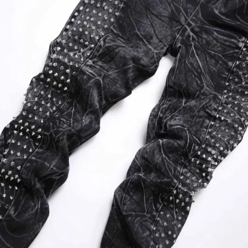 2025 Four Seasons New Retro Punk High Street Trendy Black Washed Outdated Slimming and Outdated Willow Nail Men's Jeans