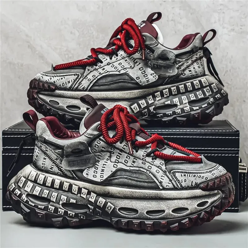 Men's Casual Sneakers with a Patchwork Upper Thick Jute Laces and a Tire-Like Serrated Sole for Added Height and Anti-Slip Grip Making Them Eye-Catching and Suitable for Various Outfits Including Street Wear and Everyday Casual Wear.