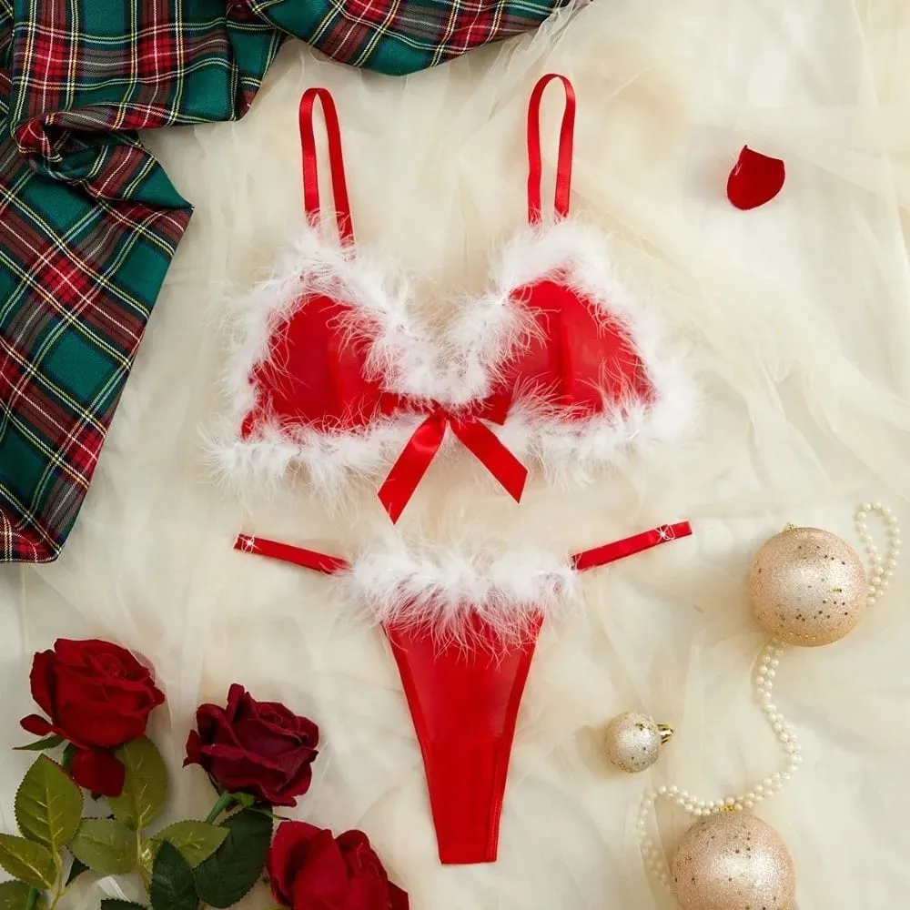 Underclothes Furry Women's Underwear Wireless Bow Decor Lingerie Set Mesh Transparent Romantic Intimate Bra Panties Suit Home