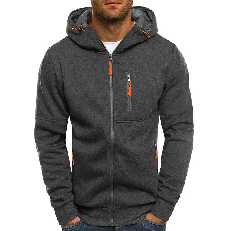Men's Grey Hooded Sweatshirt Full Zipper Casual Sportswear with Pockets Orange Drawstring plus Size Available — image 14