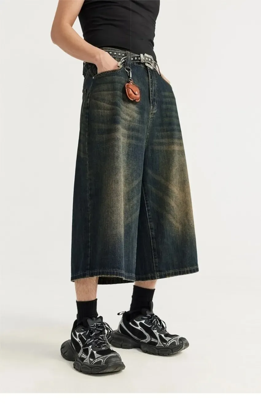 Men Vintage Washed Denim Shorts Loose Wide Leg Retro Nostalgic Tone Summer Streetwear Vintage Cropped Jeans — image 5
