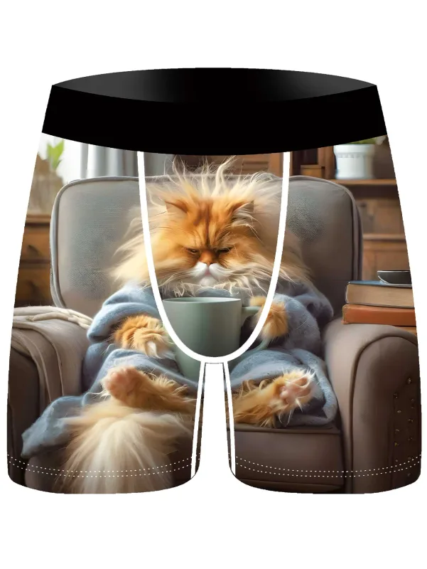 3Pcs Men Boxer Briefs Cute Lazy Cat 3D Print Underwear Soft Stretch Male Underpants Funny Novelty Gift Boxer Shorts — image 3