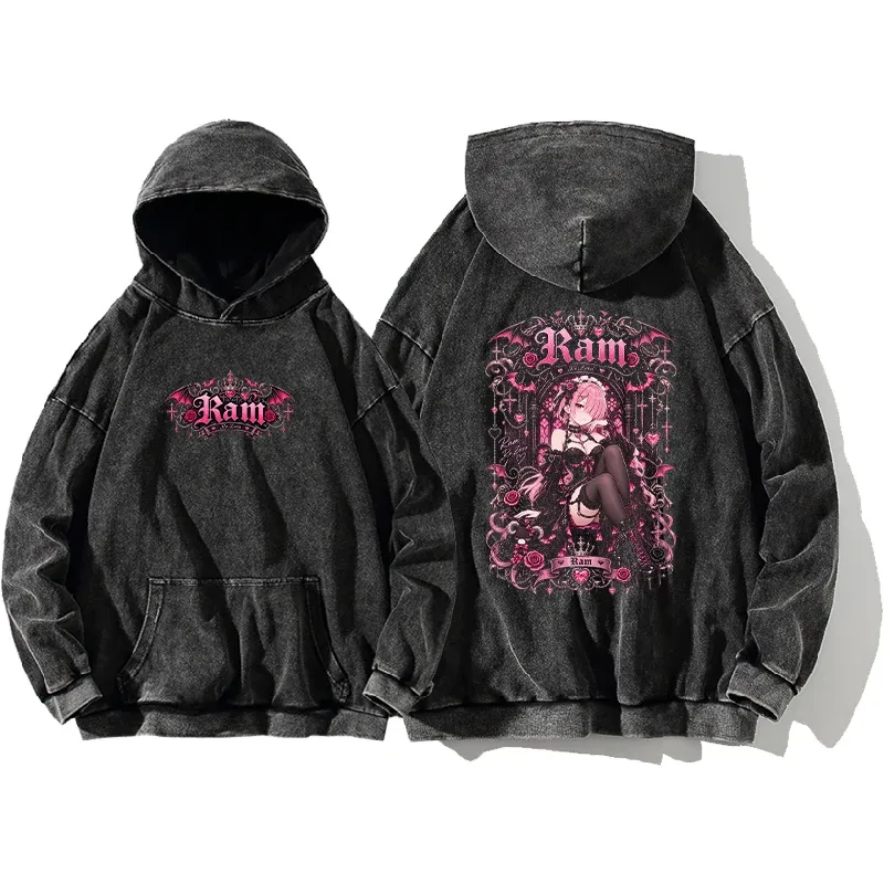 Anime Re:Zero Ram Gothic Hoodies Vintage Washed Streetwear Men Women Clothing Fall Long Sleeves Oversized 100% Cotton Hooded Top