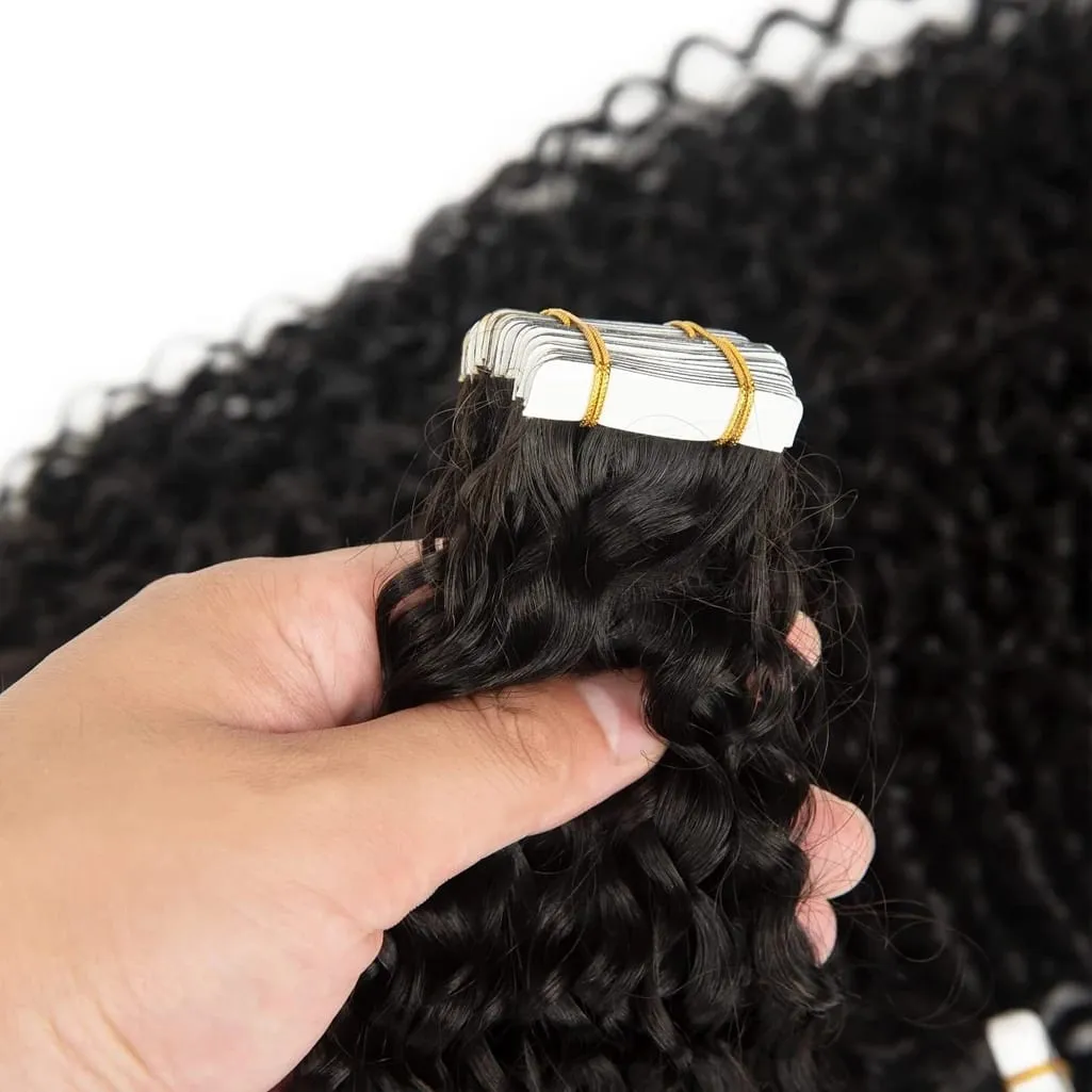 Curly Tape in Hair Extensions 100% Brazilian Human Hair Deep Wave Adhesive Tape in Extensions Human Hair Natural Black For Women