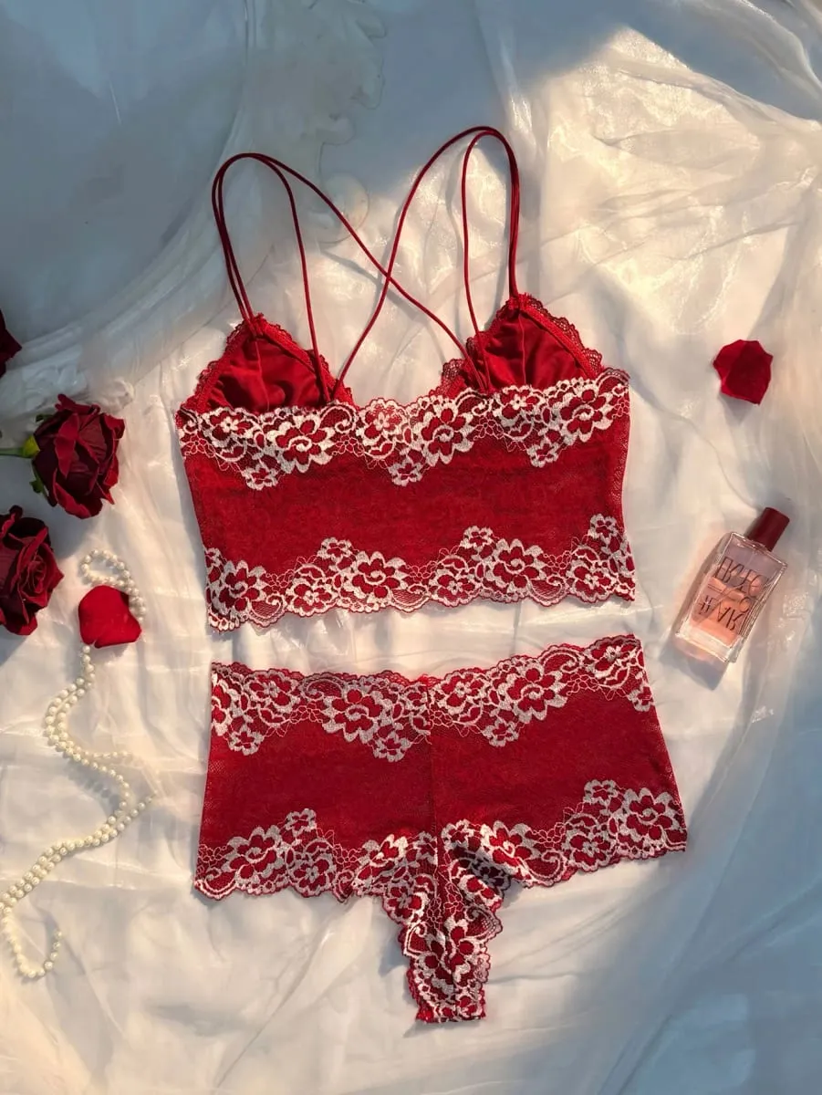 Exquisite Contrasting Floral Lace Close Fitting Mesh See Through Cross Beautiful Back Suspender Sexy Lingerie 2-piece Set 2026