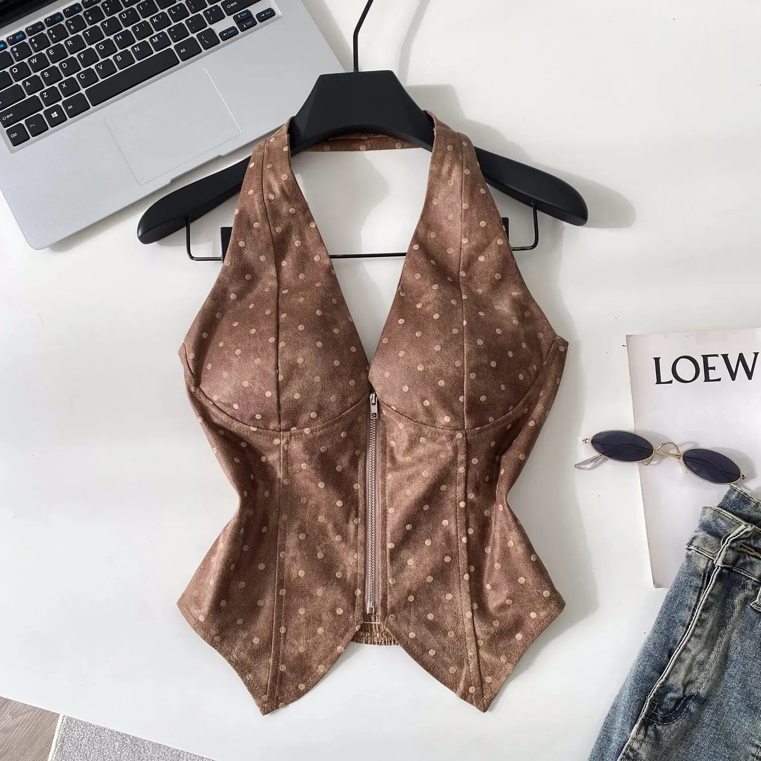 Polka Dot PU Leather Sexy Top Slim Backless Shirred Zipper Sensual Tank Top 2026 Women Trendy Halter Hotsweet Camisole — image 7
