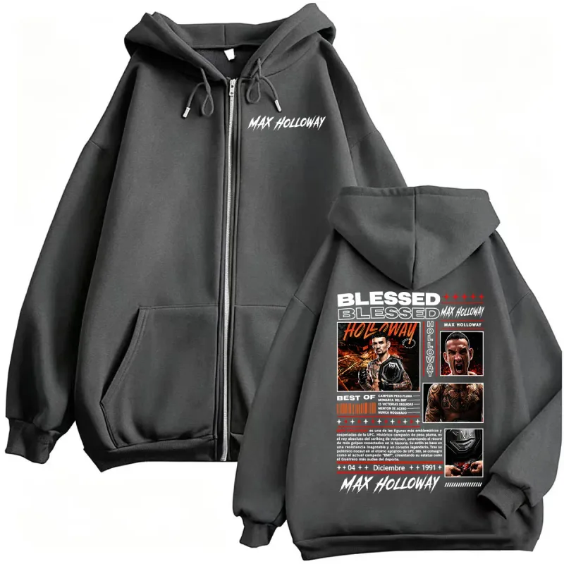 Max Holloway Blessed Retro Zip Up Hoodies Men's Harajuku Streetwear Sweatshirt Jacket Coats Bodywarmer Cozy Fleece Zipper Hoodie — image 5