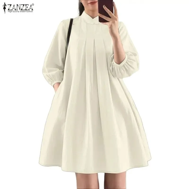 Letní dámské elegantní plisované šaty s límečkem s 3/4 nabíraným rukávem zmačkané šaty ke kolenům ležérní róby Femme