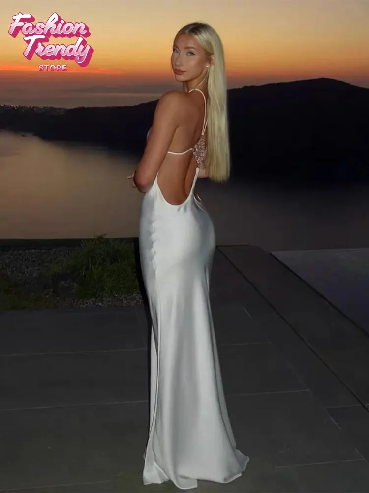 Gaun Maxi Potongan Sisi Tanpa Belakang Halter Pepejal Wanita Stretch Jersey Lantai Panjang Gaun Bodycon Slim Jubah Percutian Kelab Malam