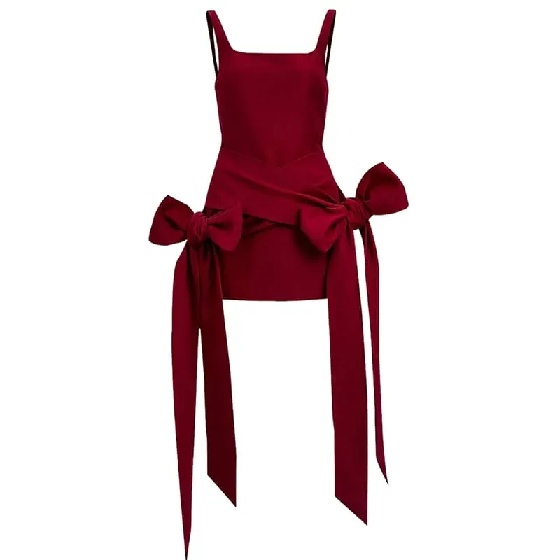 Fashion Red Bowknot Mini Dress Straps Square Collar Sleeveless Backless Vintage Cute Ladies Slim Party Short A-line Dresses — image 9