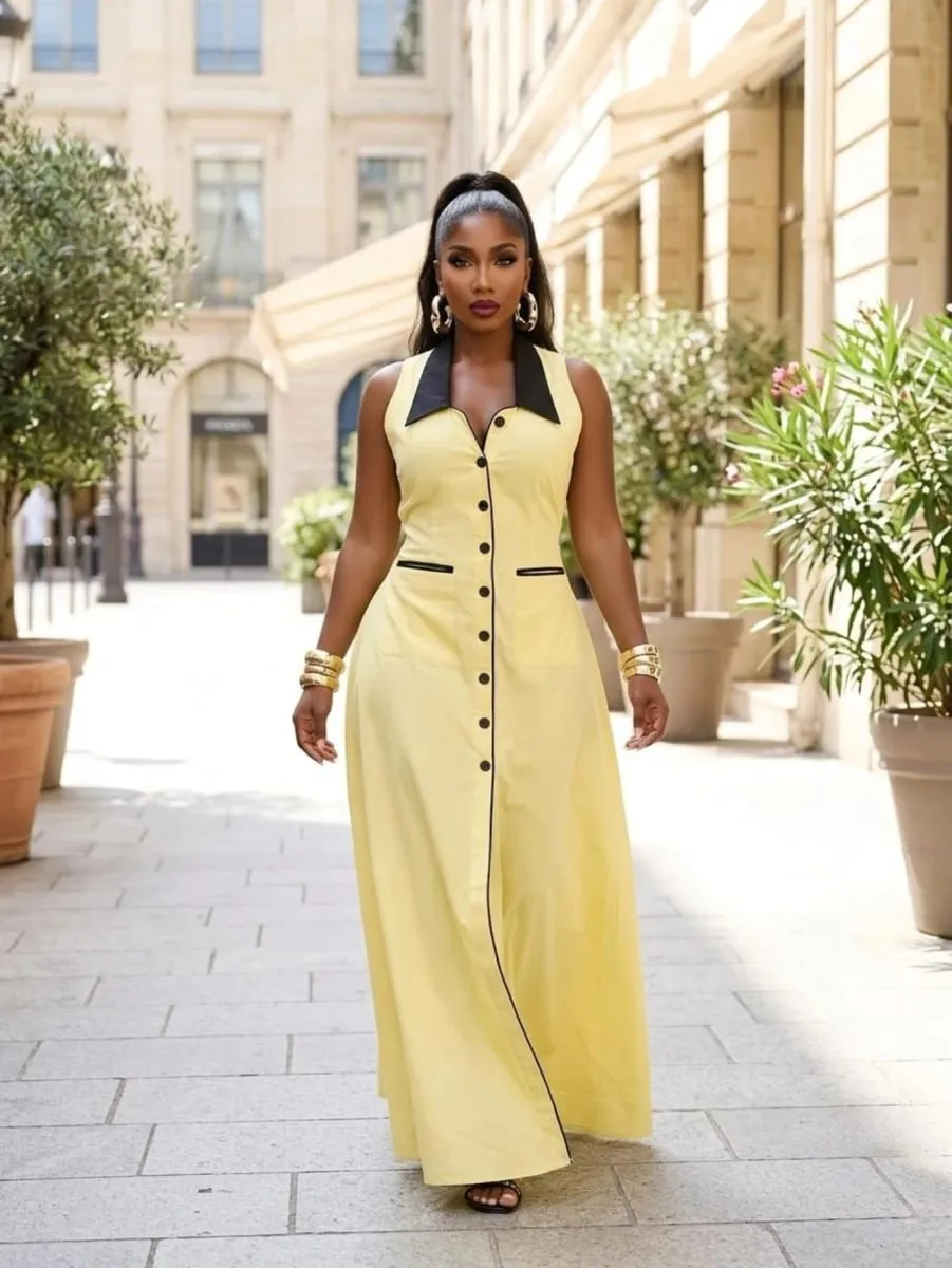 Women Sleeveless Contrast Lapel Button‑Front Split Maxi Dress With Pockets Daily Commute Street Casual Long Dress — image 4
