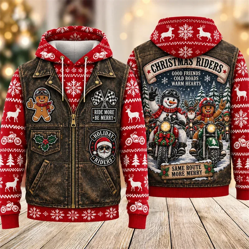 Christmas Biker Hoodie 3D Print Santa Reindeer Gingerbread Rider Faux Leather Vest Holiday Pullover Winter Streetwear Gift — image 2