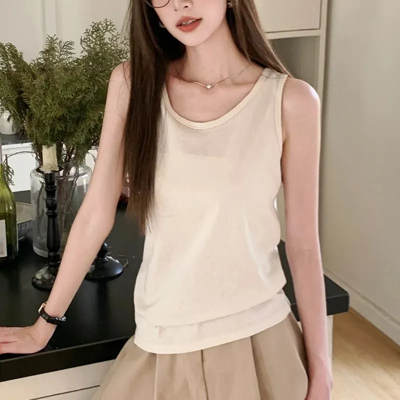 Women Cotton Tank Top Summer Outerwear Loose-Fitting Fitted Layering Round Neck Sleeveless Lightweight Breathable Simple Casual — image 1