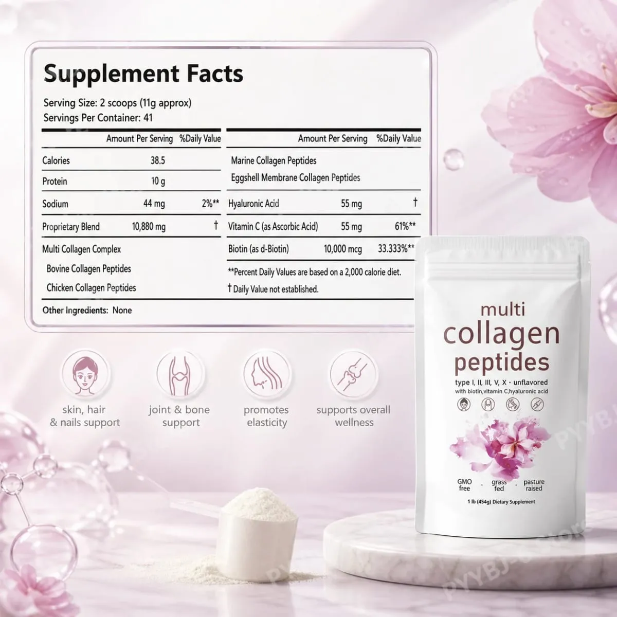 Bubuk Peptida Multi Kolagen 454G Campuran Kolagen Tanpa Rasa dengan Vitamin C Biotin Asam Hyaluronik Dukungan Kuku Rambut Kulit — image 6
