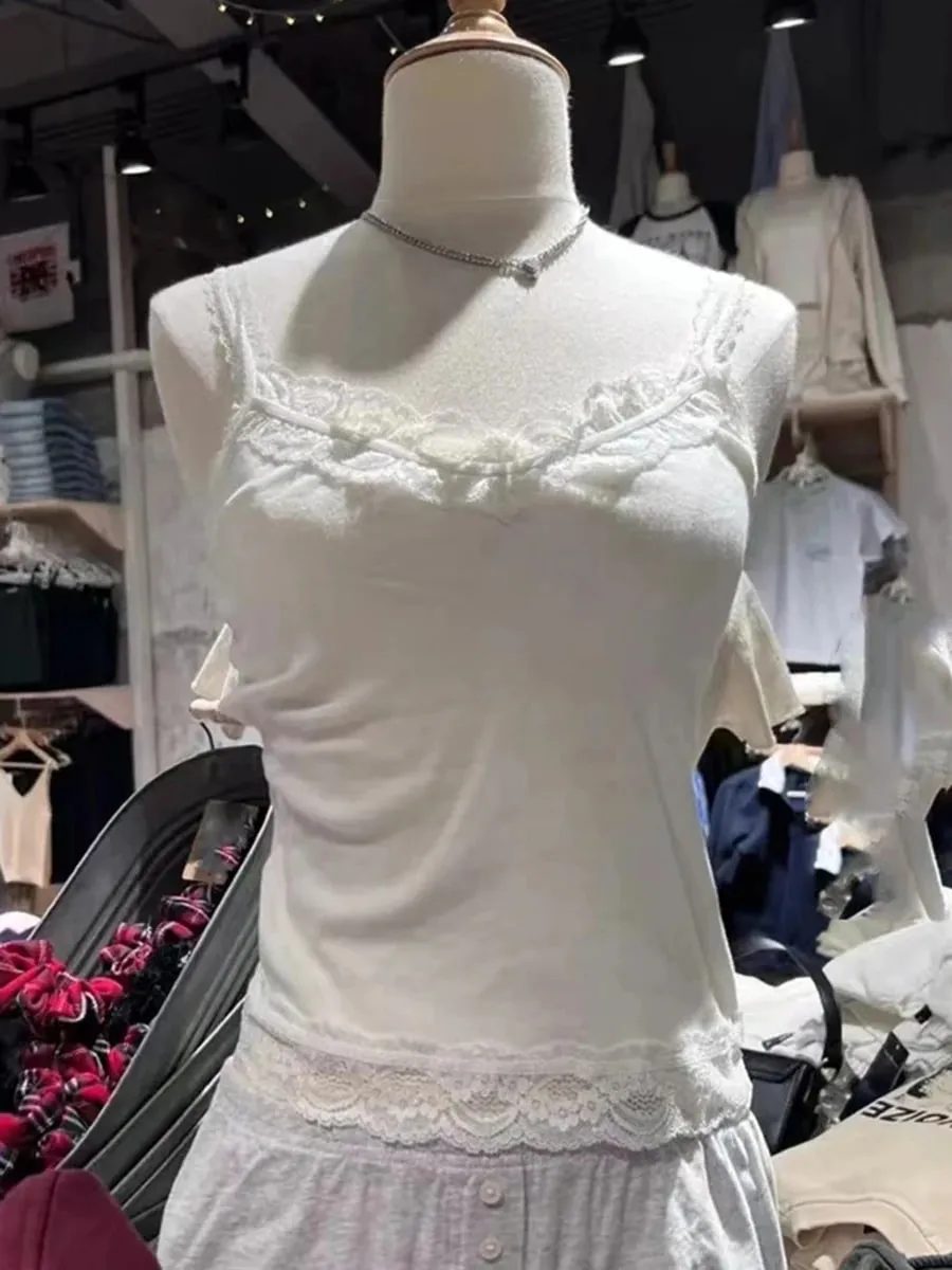 달콤한 레이스 패치 워크 슬림 탱크 탑 여성 여름 흰색 섹시한 단순 코튼 소프트 민소매 조끼 여성 빈티지 세련된 Y2K 캐미솔 — image 2