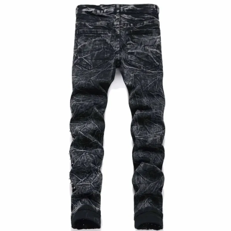 2025 Four Seasons New Retro Punk High Street Trendy Black Washed Outdated Slimming and Outdated Willow Nail Men's Jeans