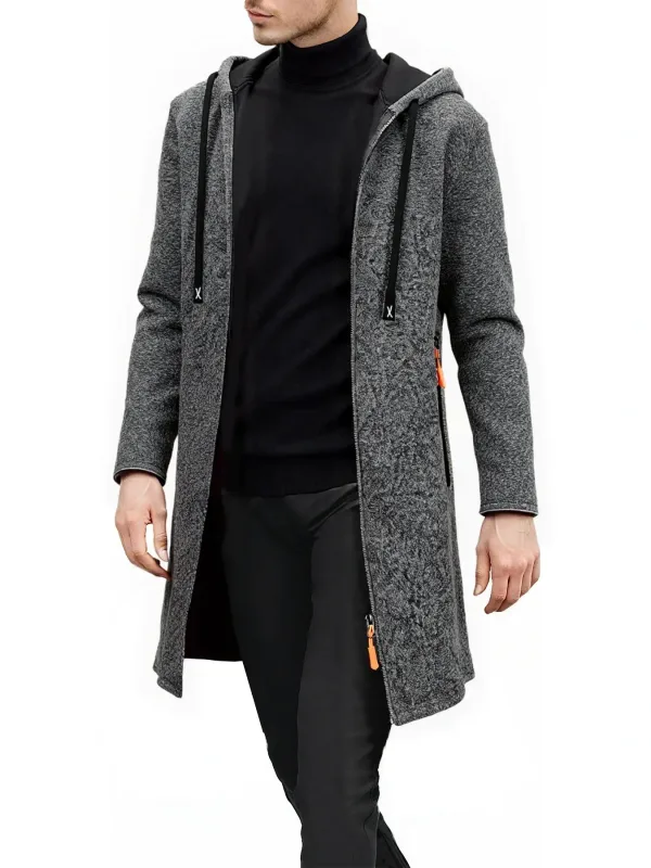 2Pcs Set Men Mid-Length Full Zip Hooded Jacket Fleece Lined Warm Coat with Drawstring Hood & Zipper Pockets Casual Outerwear for Fall Winter Daily Wear — image 13