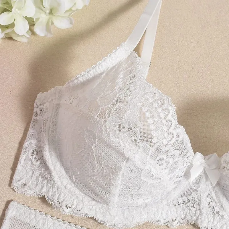 Elegant Women's Lingerie Sets Delicate Floral Embroidery Lace Bra Thong Garter Belts 3PC See Through Sexy Underwear Erotic Sets — image 6