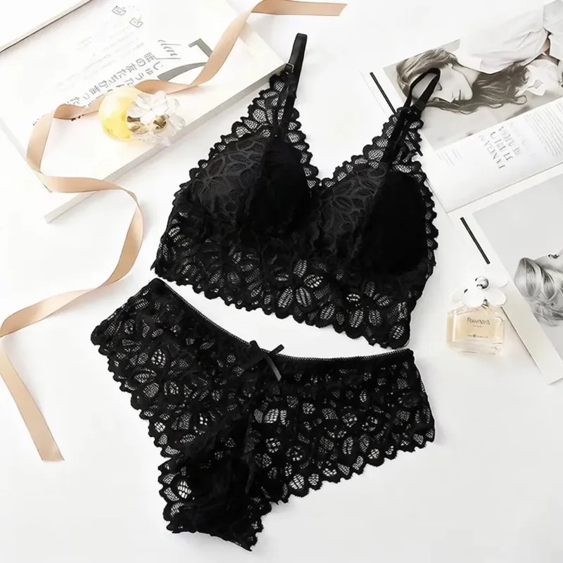 French Style Lace Lingerie Set Wireless Bra Panty Sexy Breathable Thin Cup Underwear Comfortable Gathered Intimate Wear — image 7